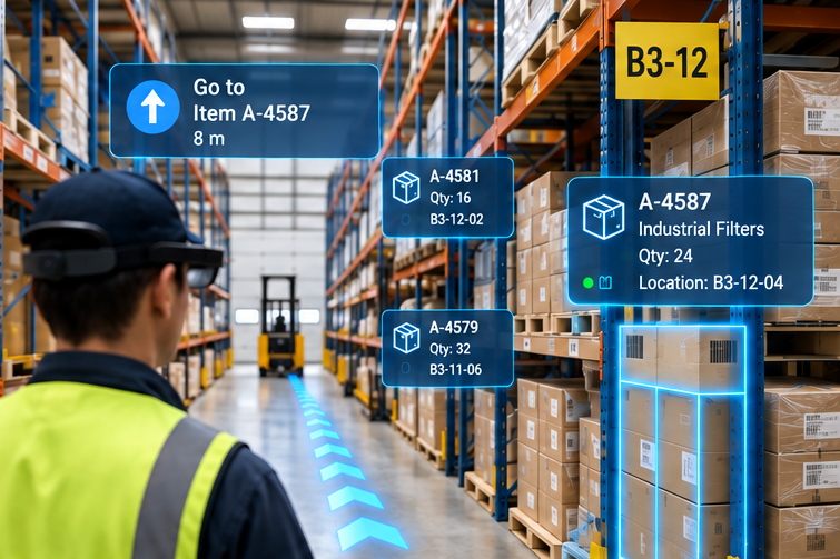Warehouse logistics environment shown as an interactive immersive space