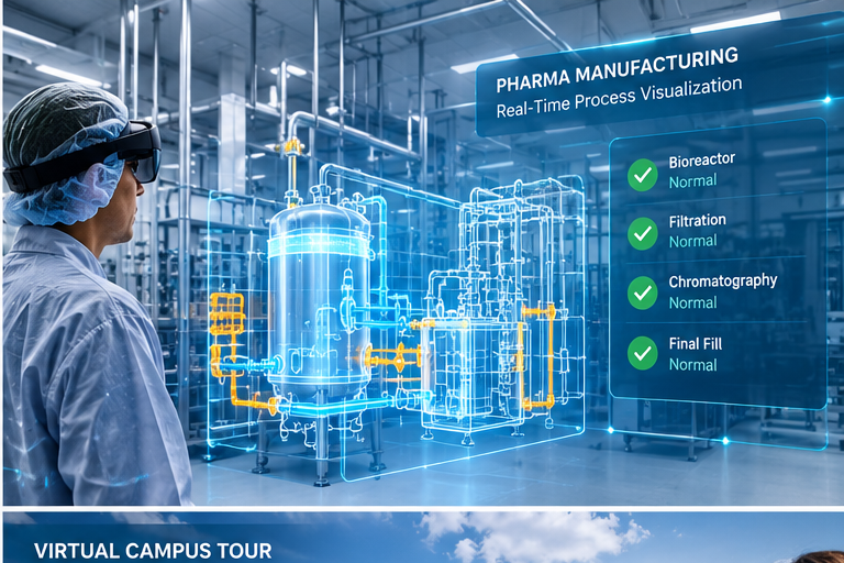Pharmaceutical manufacturing environment presented through AR and VR