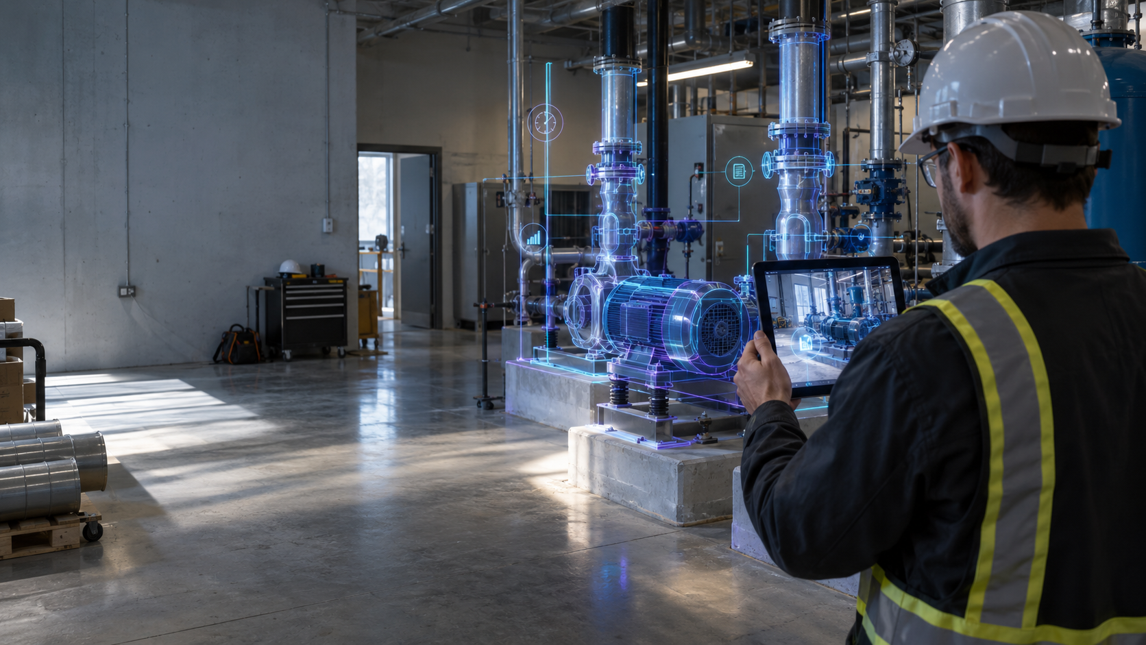 A worker in a hard hat using a tablet with an augmented-reality overlay of industrial equipment in a plant room