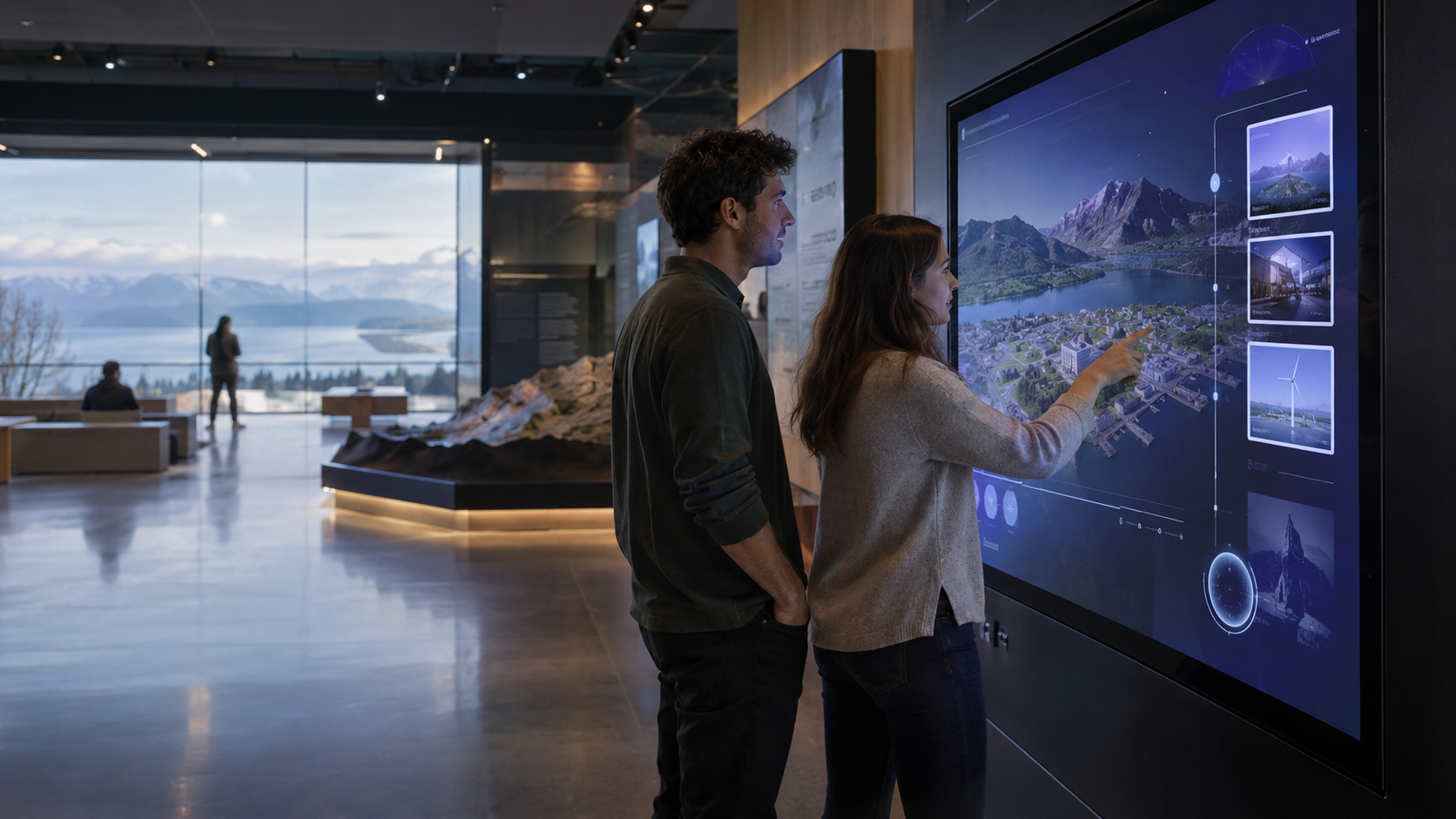 Two people exploring a large touchscreen display of a mapped landscape in a bright cultural space