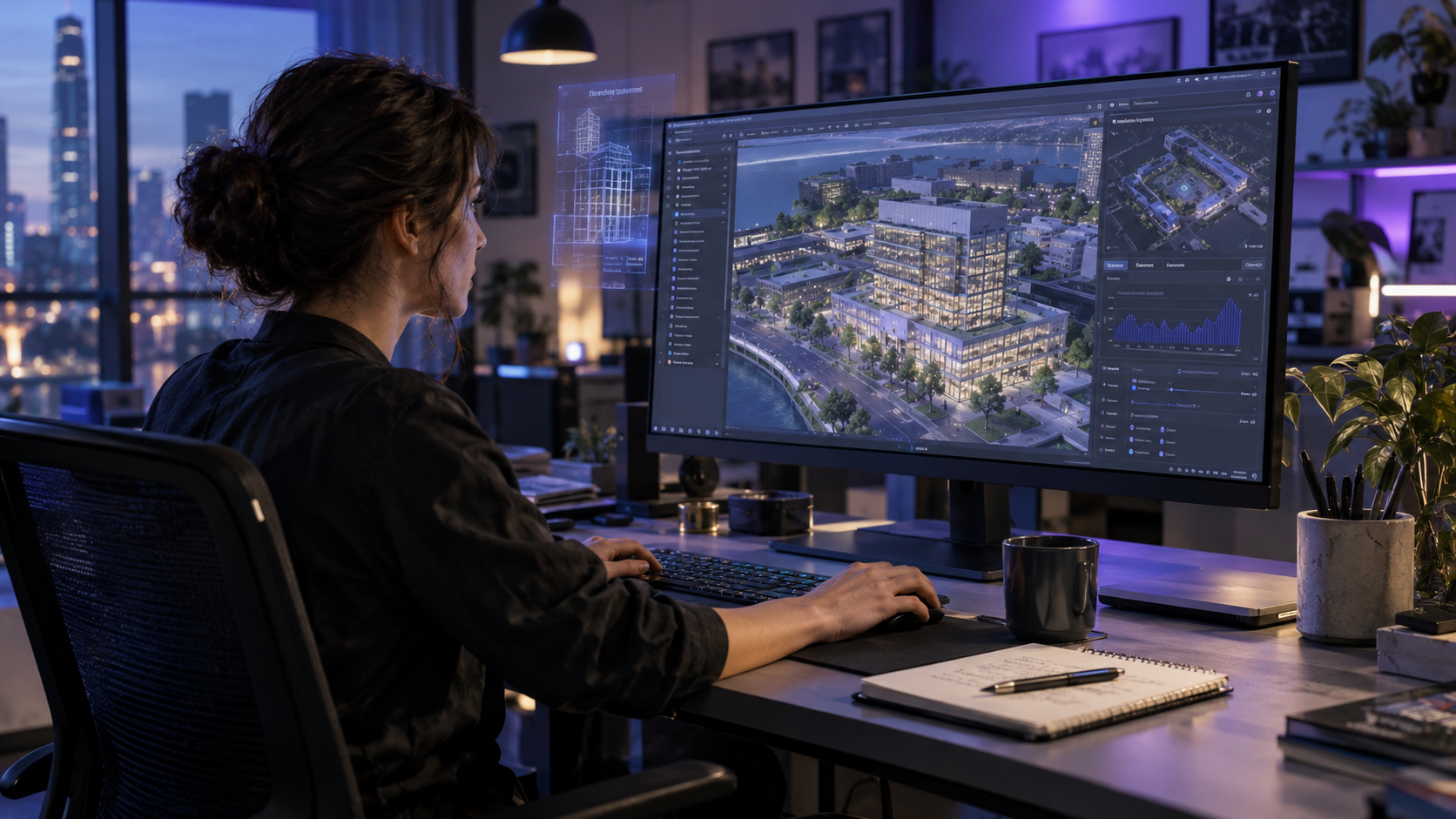 A creator working at a desktop monitor showing a detailed 3D digital-twin model of a building site