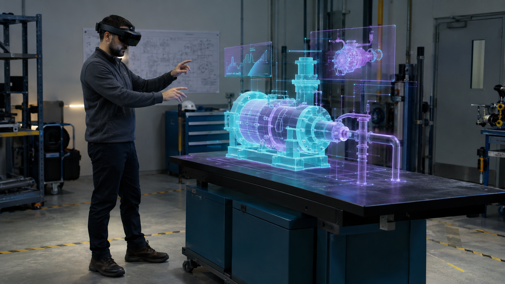 An engineer wearing a mixed-reality headset interacting with a holographic model of industrial equipment